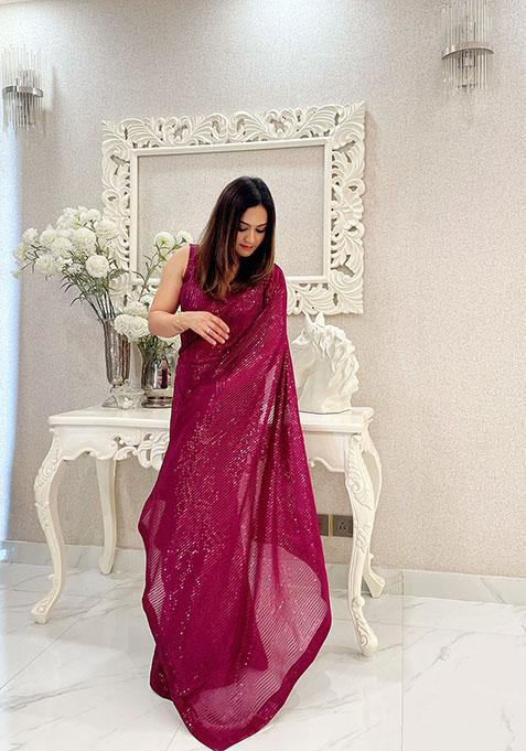 Wine Embroidered Banglori Satin Saree Set