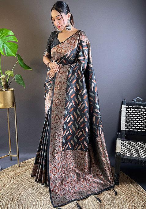 Black Zari Embroidered Soft Silk Saree Set