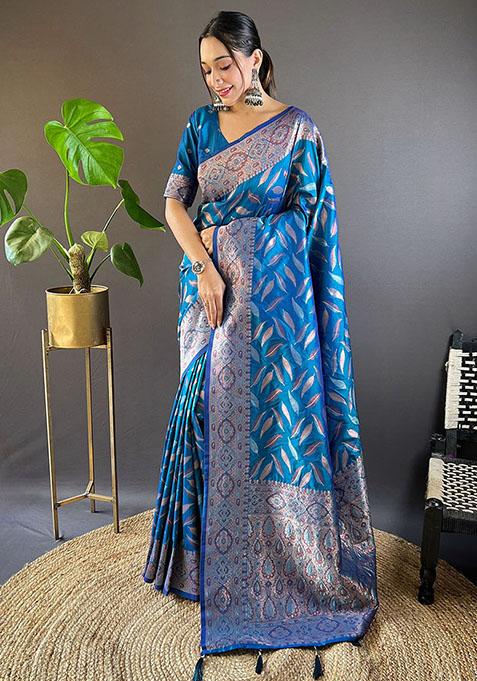 Blue Zari Embroidered Soft Silk Saree Set