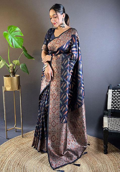 Navy Blue Zari Embroidered Soft Silk Saree Set