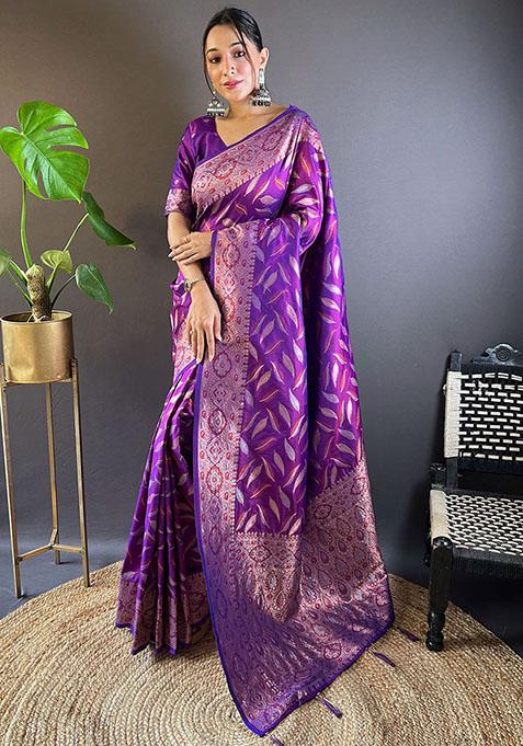 Purple Zari Embroidered Soft Silk Saree Set