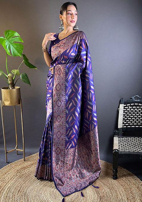 Violet Zari Embroidered Soft Silk Saree Set