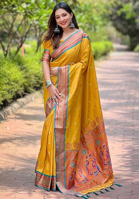 Mustard Weaving Design Paithani Silk Saree Set