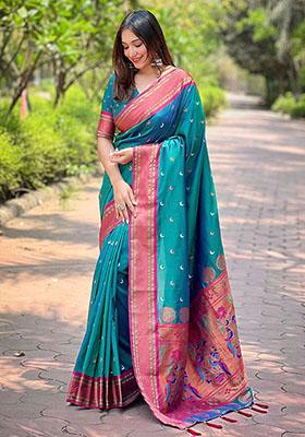 Rama Blue Weaving Design Paithani Silk Saree Set