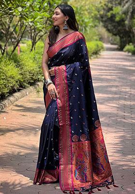 Navy Blue Weaving Design Paithani Silk Saree Set