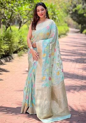 Sky Blue Weaving Design Organza Saree Set