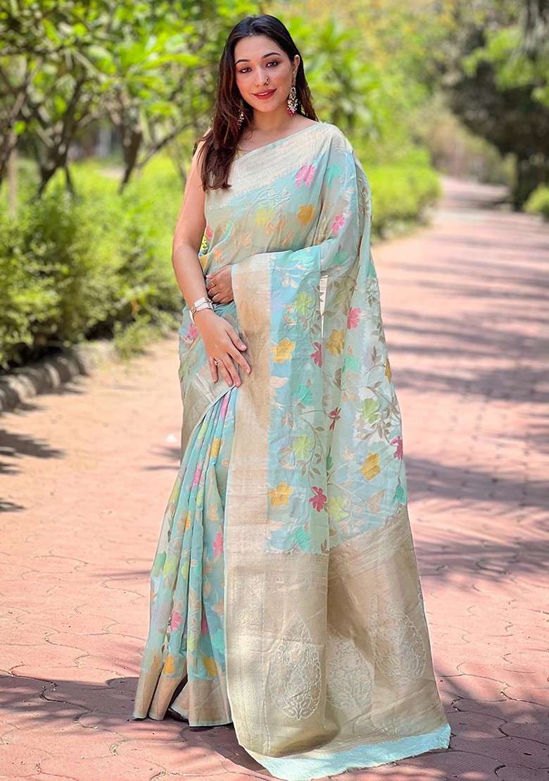 Sky Blue Weaving Design Organza Saree Set - Indya