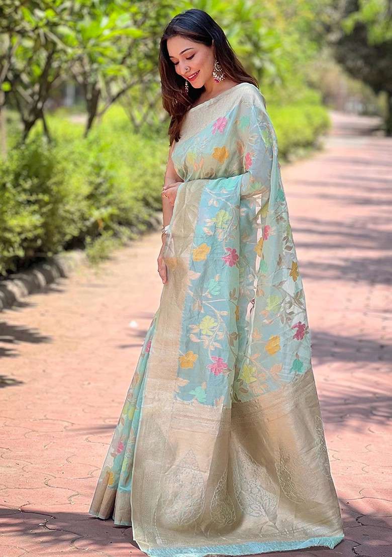 Sky Blue Weaving Design Organza Saree Set - Indya