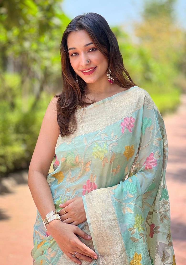 Sky Blue Weaving Design Organza Saree Set - Indya