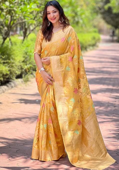 Mustard Weaving Design Organza Saree Set