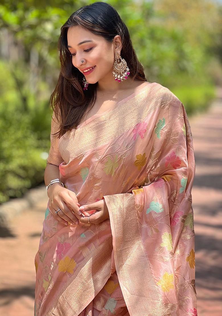 Pink Weaving Design Organza Saree Set