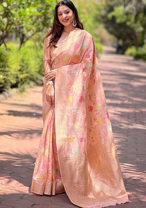 Pink Weaving Design Organza Saree Set