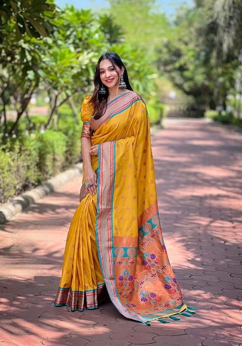 Mustard Weaving Design Paithani Silk Saree Set