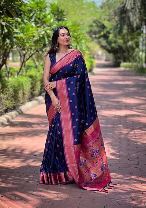 Navy Blue Weaving Design Paithani Silk Saree Set