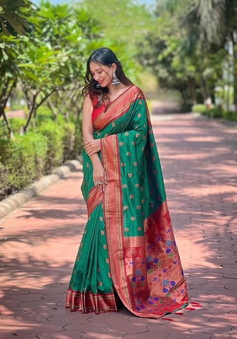 Green Weaving Design Paithani Silk Saree Set