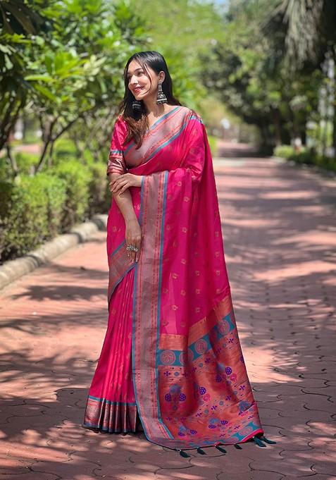 Pink Weaving Design Paithani Silk Saree Set