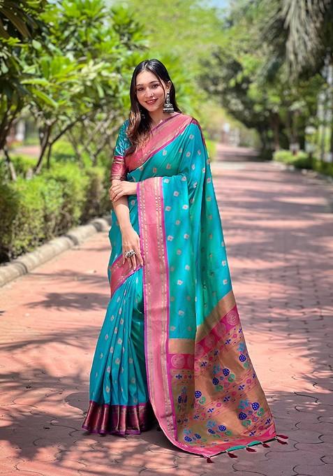 Sky Blue Weaving Design Paithani Silk Saree Set