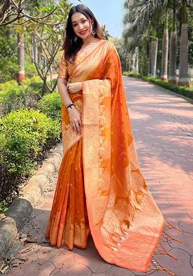 Orange Zari Embroidered Organza Saree Set