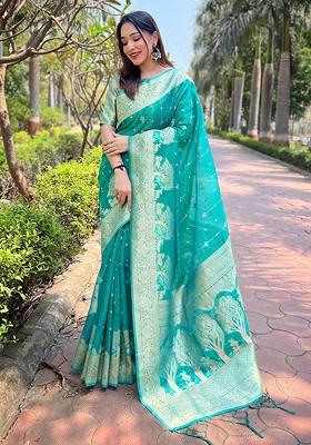 Sea Green Zari Embroidered Organza Saree Set
