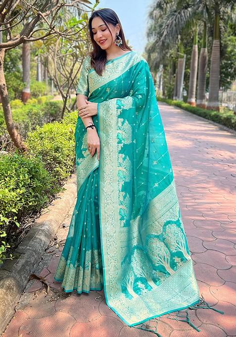 Sea Green Zari Embroidered Organza Saree Set