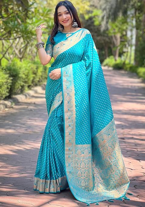 Blue Zari Embroidered Banarasi Silk Saree Set