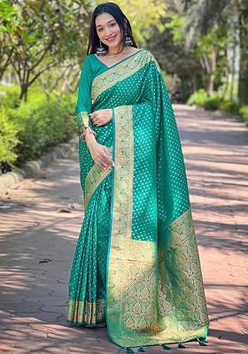 Green Zari Embroidered Banarasi Silk Saree Set