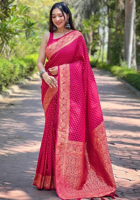 Pink Zari Embroidered Banarasi Silk Saree Set