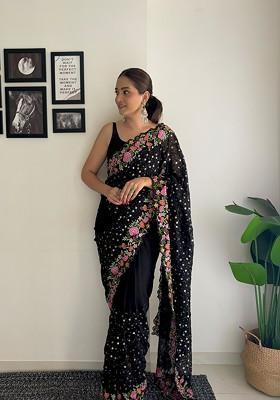 Black Thread Embroidered Diamond Silk Saree Set