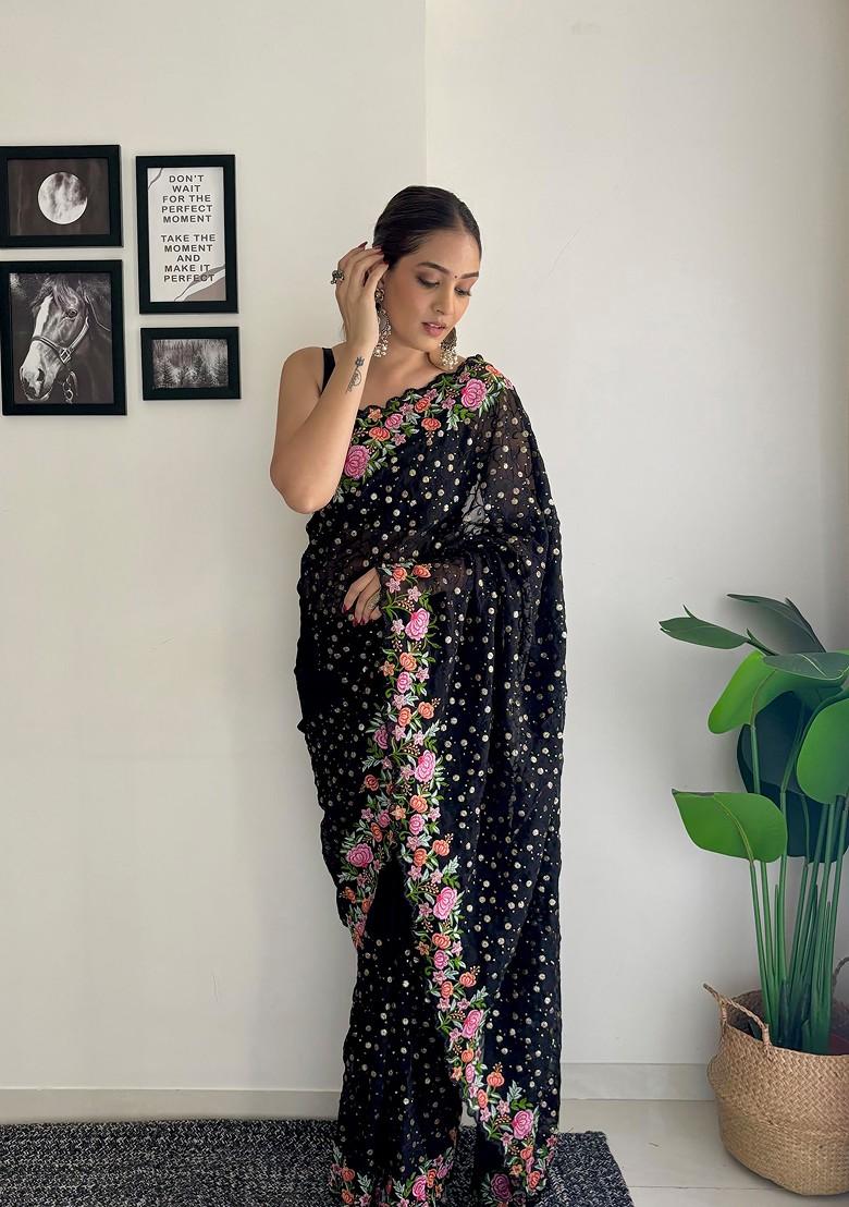 Black Thread Embroidered Diamond Silk Saree Set