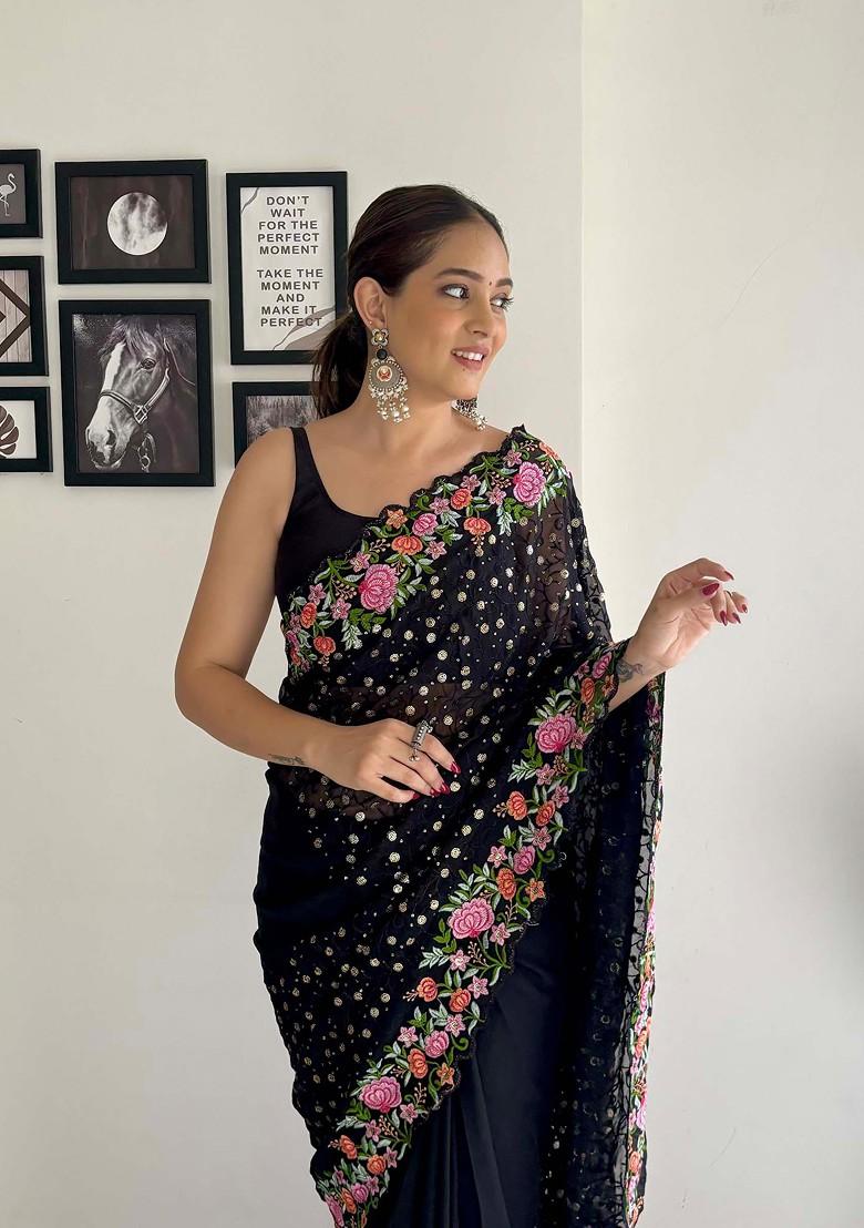 Black Thread Embroidered Diamond Silk Saree Set