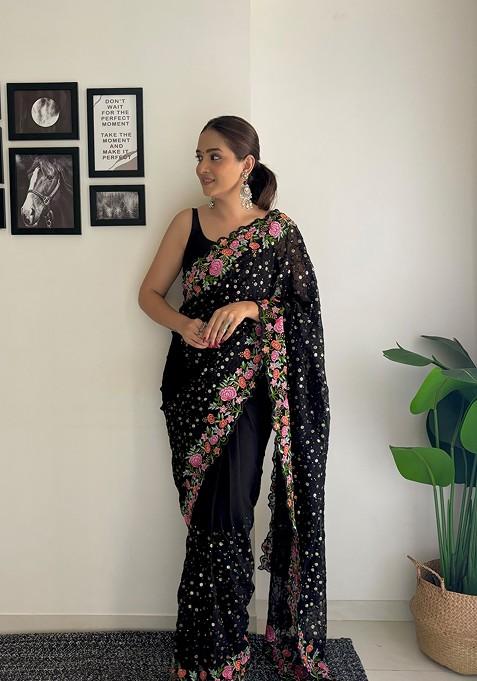 Black Thread Embroidered Diamond Silk Saree Set