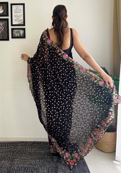 Black Thread Embroidered Diamond Silk Saree Set