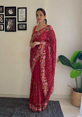 Maroon Thread Embroidered Diamond Silk Saree Set