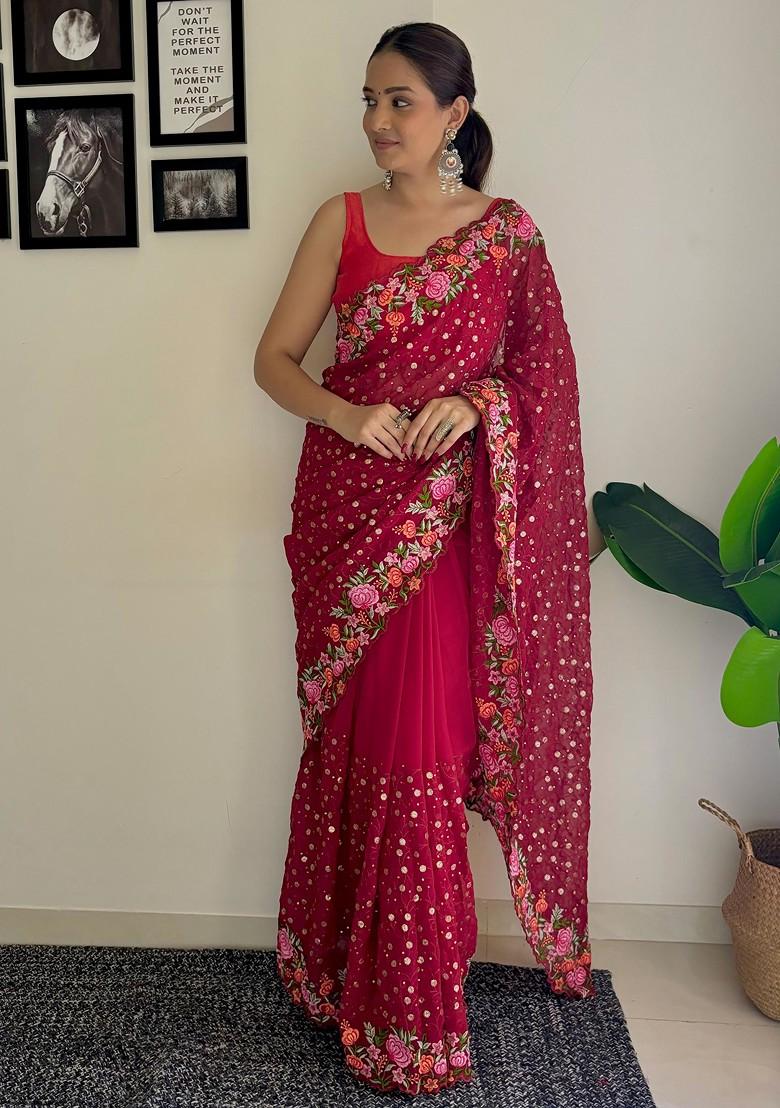 Maroon Thread Embroidered Diamond Silk Saree Set