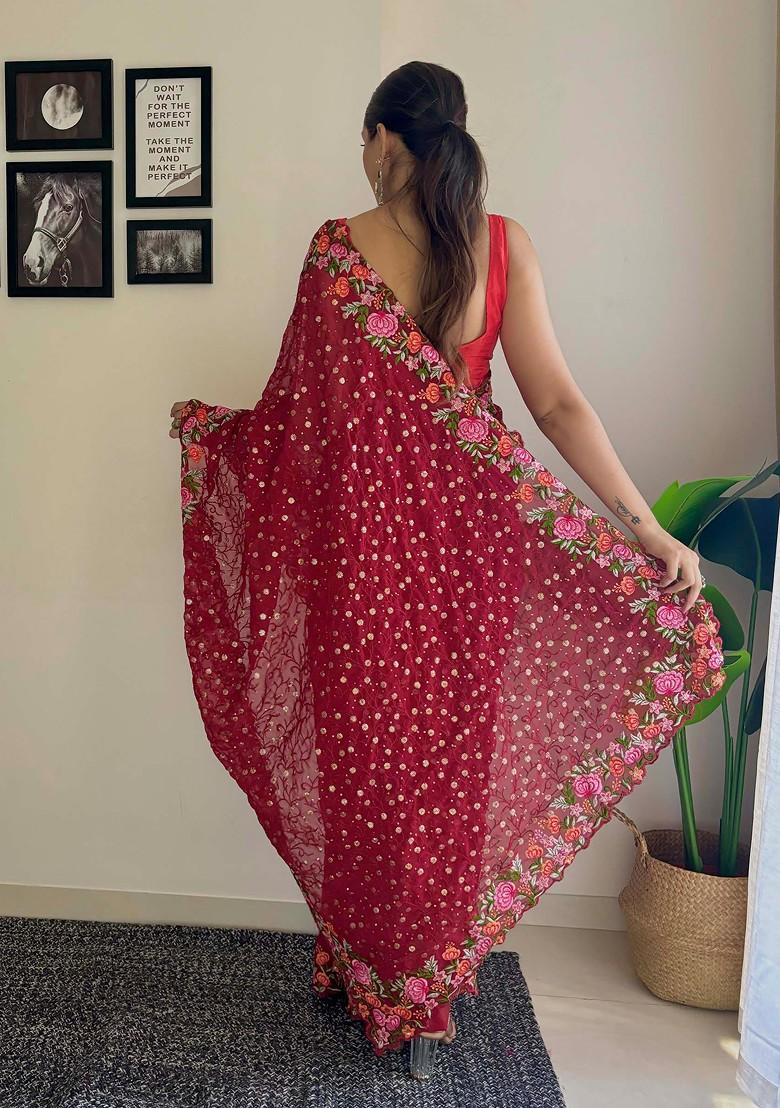 Maroon Thread Embroidered Diamond Silk Saree Set