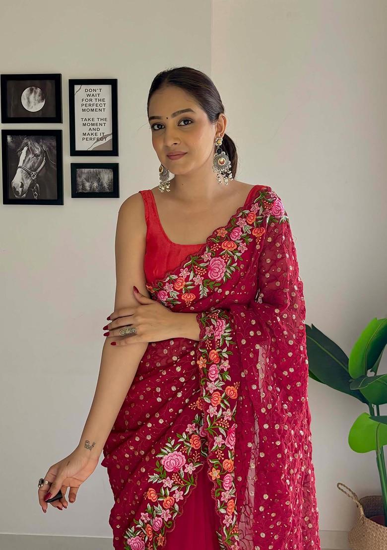 Maroon Thread Embroidered Diamond Silk Saree Set