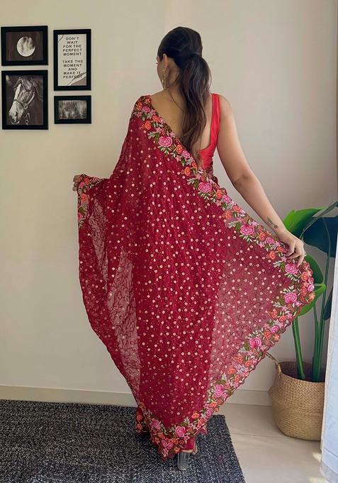 Maroon Thread Embroidered Diamond Silk Saree Set