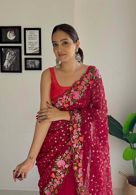 Maroon Thread Embroidered Diamond Silk Saree Set