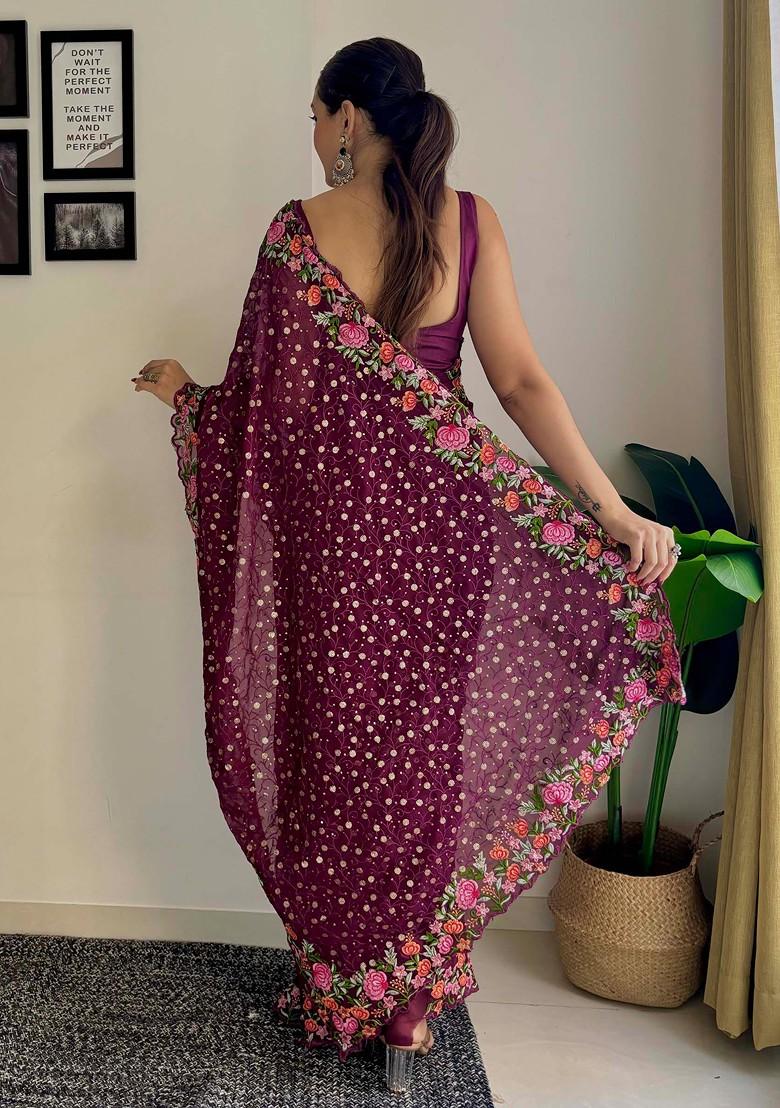 Wine Thread Embroidered Diamond Silk Saree Set