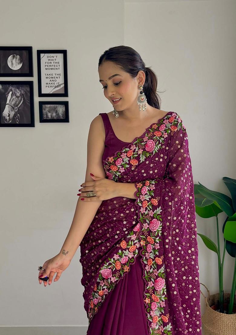 Wine Thread Embroidered Diamond Silk Saree Set