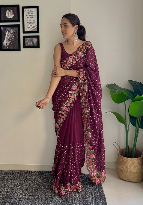 Wine Thread Embroidered Diamond Silk Saree Set