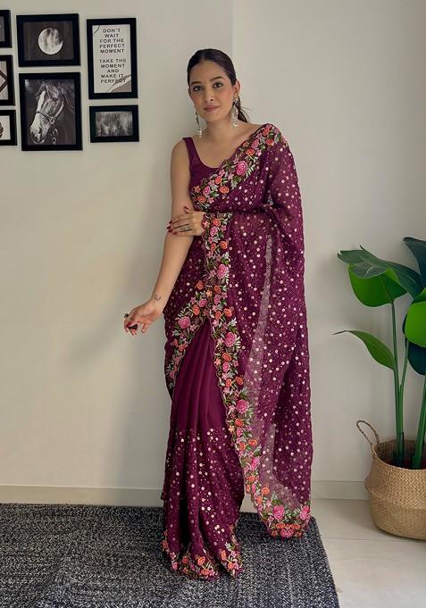 Wine Thread Embroidered Diamond Silk Saree Set