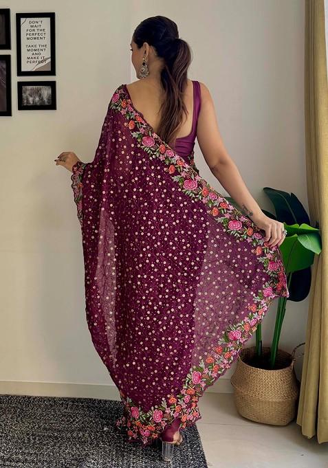 Wine Thread Embroidered Diamond Silk Saree Set