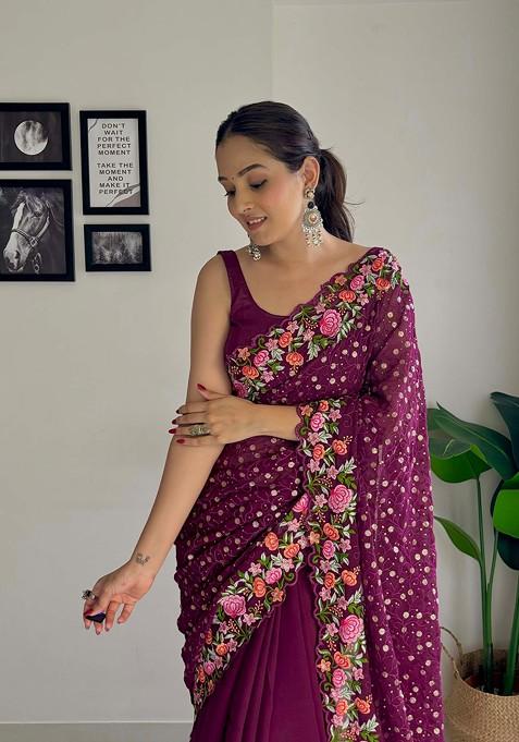 Wine Thread Embroidered Diamond Silk Saree Set