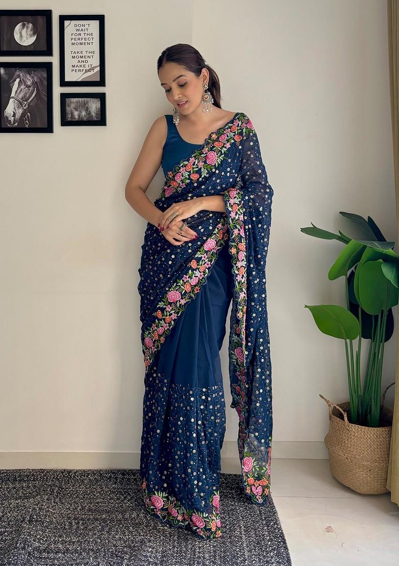 Teal Blue Thread Embroidered Diamond Silk Saree Set