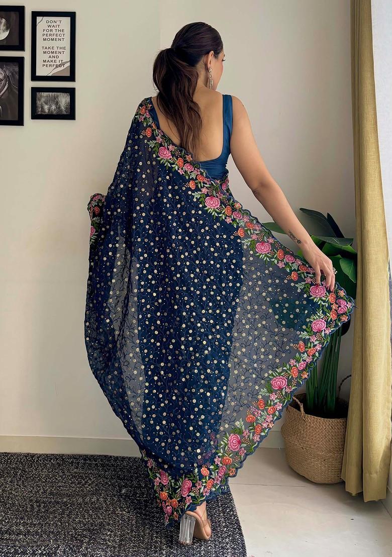 Teal Blue Thread Embroidered Diamond Silk Saree Set