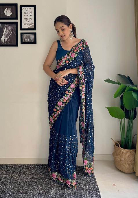 Teal Blue Thread Embroidered Diamond Silk Saree Set