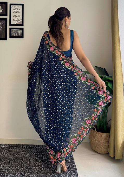 Teal Blue Thread Embroidered Diamond Silk Saree Set