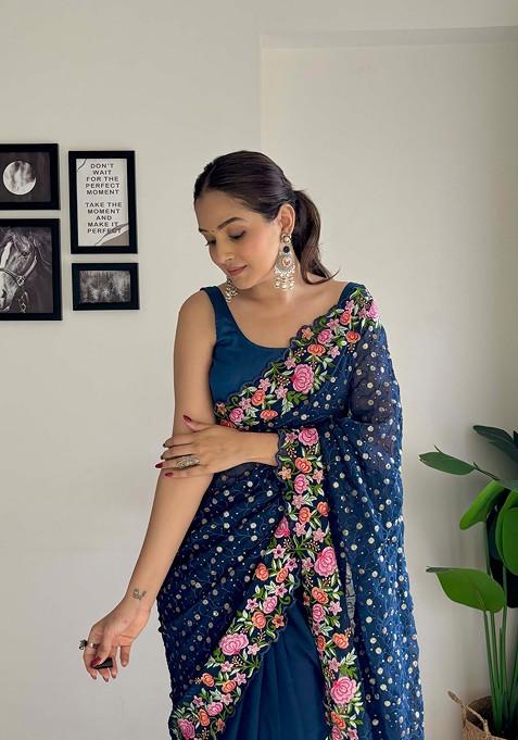 Teal Blue Thread Embroidered Diamond Silk Saree Set