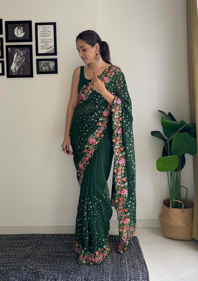 Green Thread Embroidered Diamond Silk Saree Set